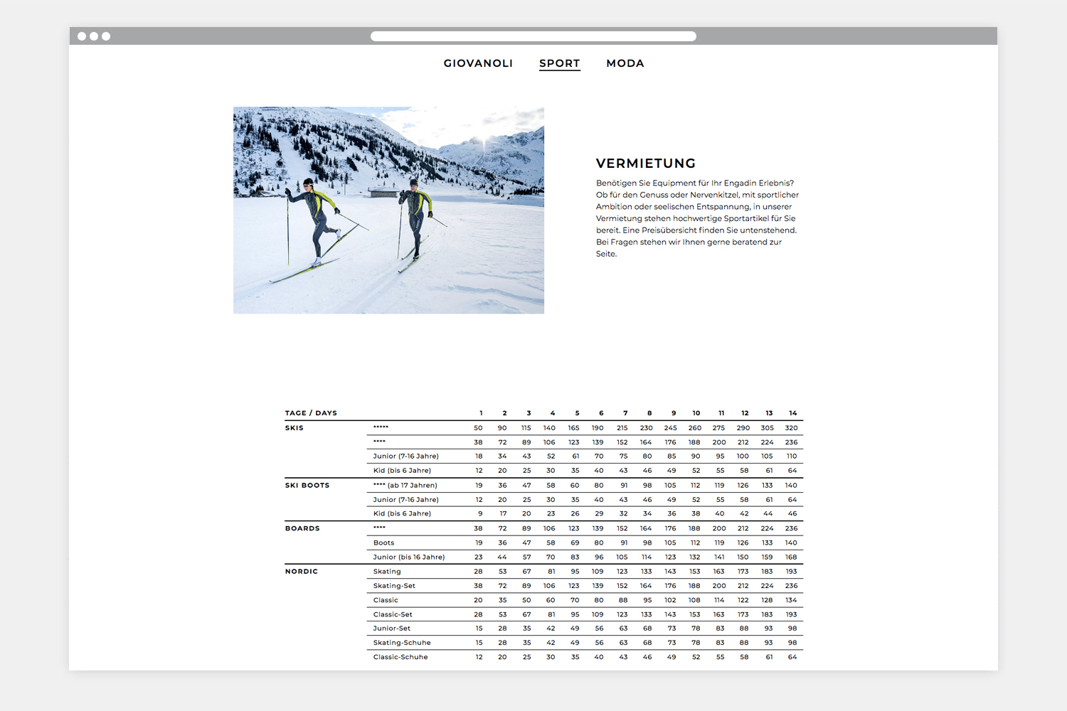 Giovanoli Sport & Moda Sils Webseite Folgeseite