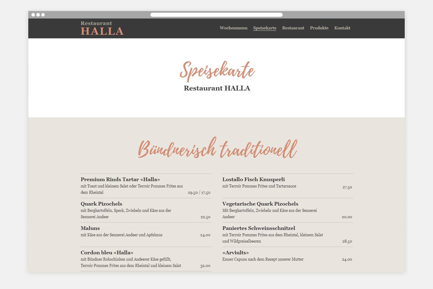 Restaurant Halla Webseite Folgeseite