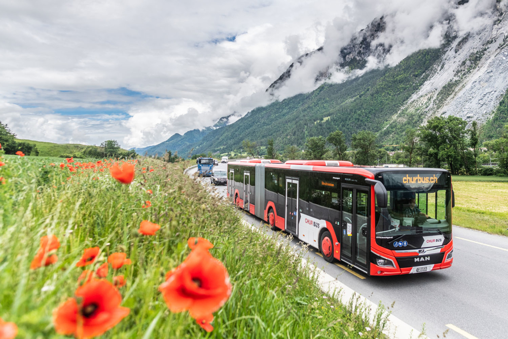 Chur Bus mit neuer Beschriftung unterwegs in Chur